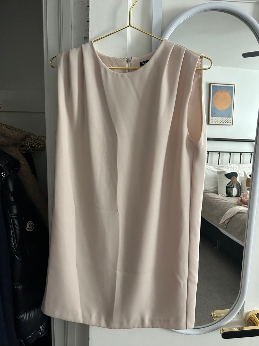 Zara Sleeveless Shift Dress in Soft Beige